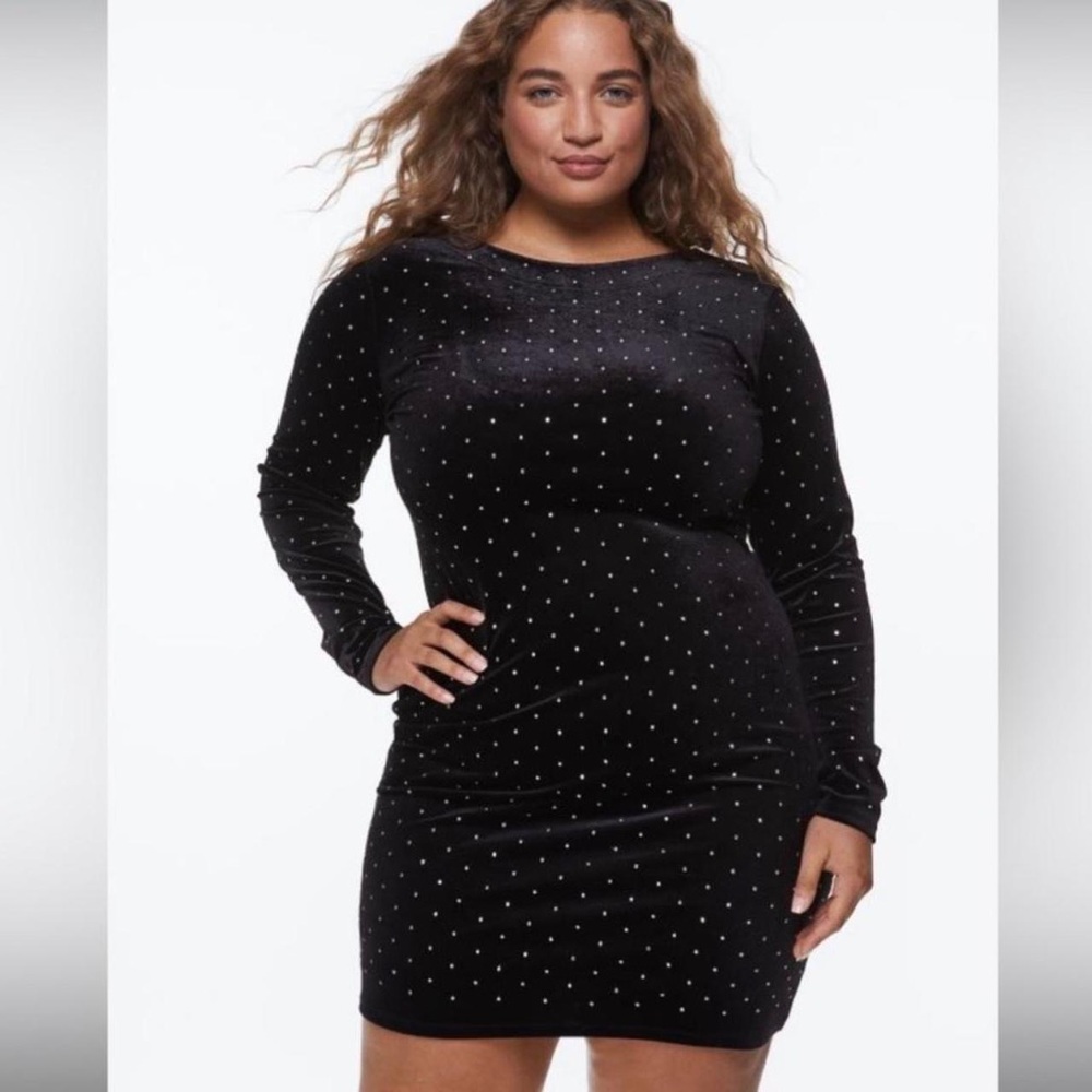 H&M Long Sleeve Black Velour Rhinestone Dress - Size XXL